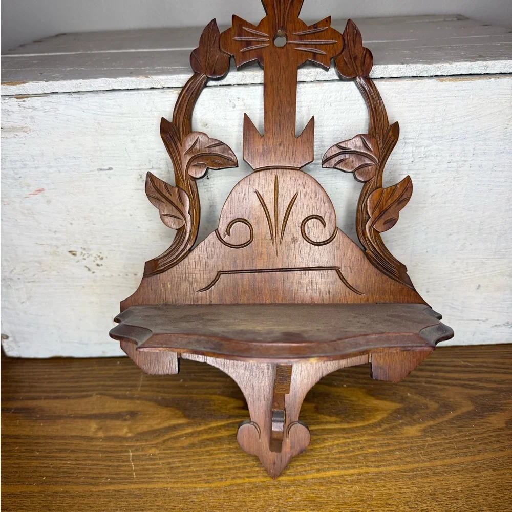 Vintage Victorian Style Scroll Wood Folding Wall Shelf Ornate primitive, distres